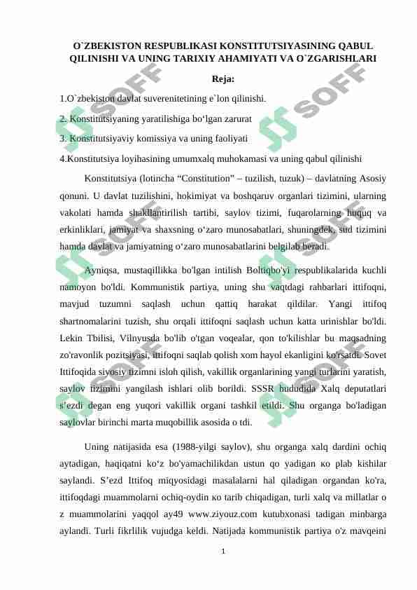O`ZBEKISTON RESPUBLIKASI KONSTITUTSIYASINING QABUL QILINISHI VA UNING TARIXIY AHAMIYATI VA O`ZGARISHLARI 1