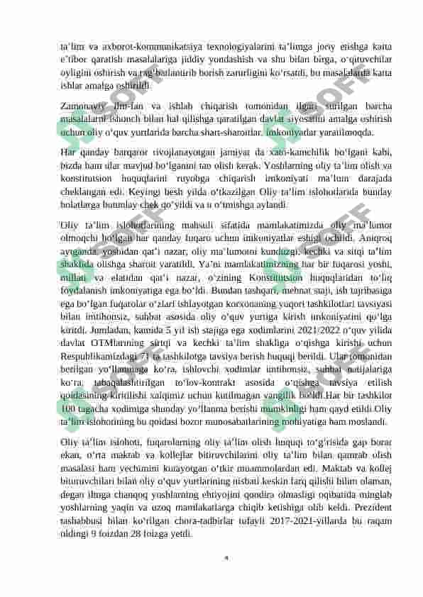 O`zbekistonda oliy ta`lim sohasida olib borilgan islohotlar va uning istiqbollari 4
