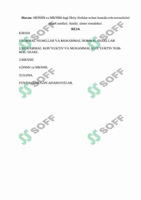 MDNSH, MKNSH dagi fikriy ifodalar uchun Kontakt-rele sxemalarini tuzish usullari. Analiz, sintez masalalari 2
