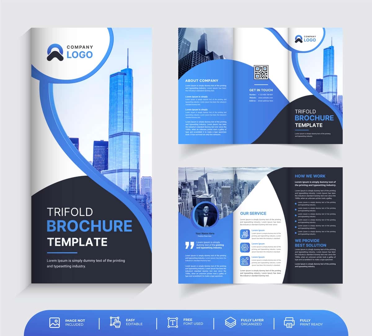 Zamonaviy shakldagi premium vektorli ijodiy uch qavatli biznes broshyurasi | Creative trifold business brochure with modern shape premium vector 1