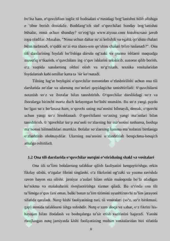 Ona tili darslarida  o‘quvchilar nutqini o‘stirishda ko‘rgazmali vositalardan foydalanish. 8