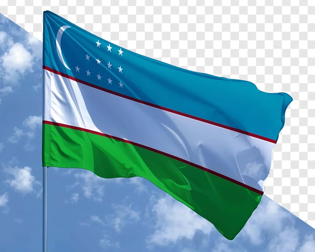 O'zbekiston bayrog'i ko'k osmonga qarshi shamolni silkitmoqda | Flag uzbekistan waving wind against blue sky 1