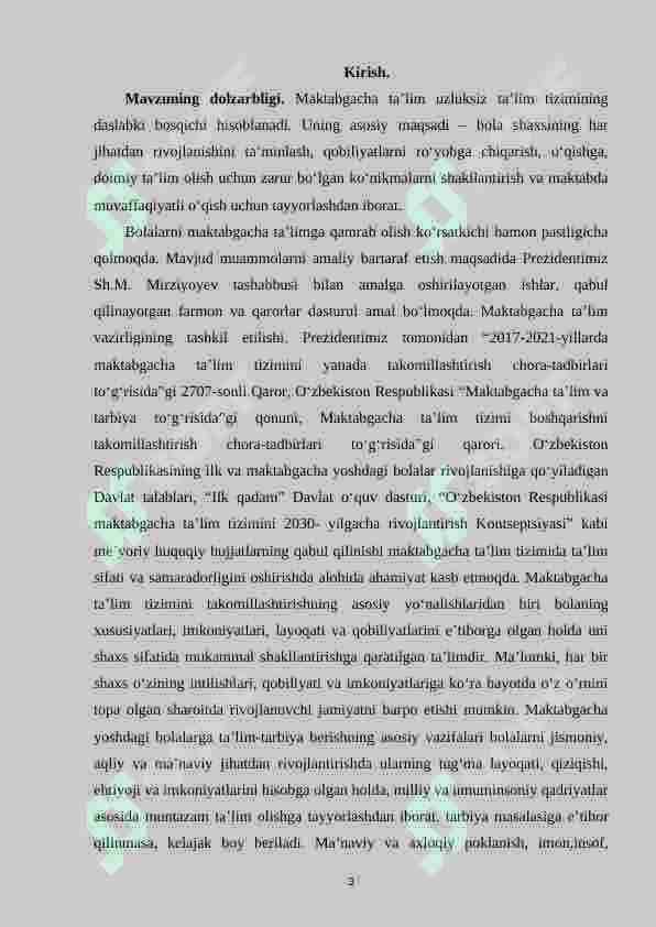 Maktabgacha yoshdagi bolalarning yoshga doir pedagogik va psixologik xususiyatlari va ularning bola sog‘lom rivojlanishidagi ahamiyati. 3