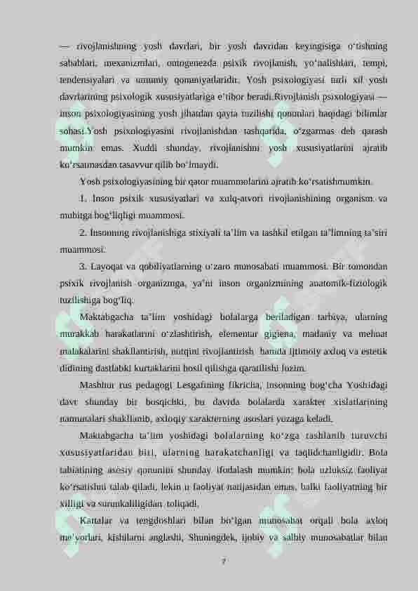 Maktabgacha yoshdagi bolalarning yoshga doir pedagogik va psixologik xususiyatlari va ularning bola sog‘lom rivojlanishidagi ahamiyati. 7