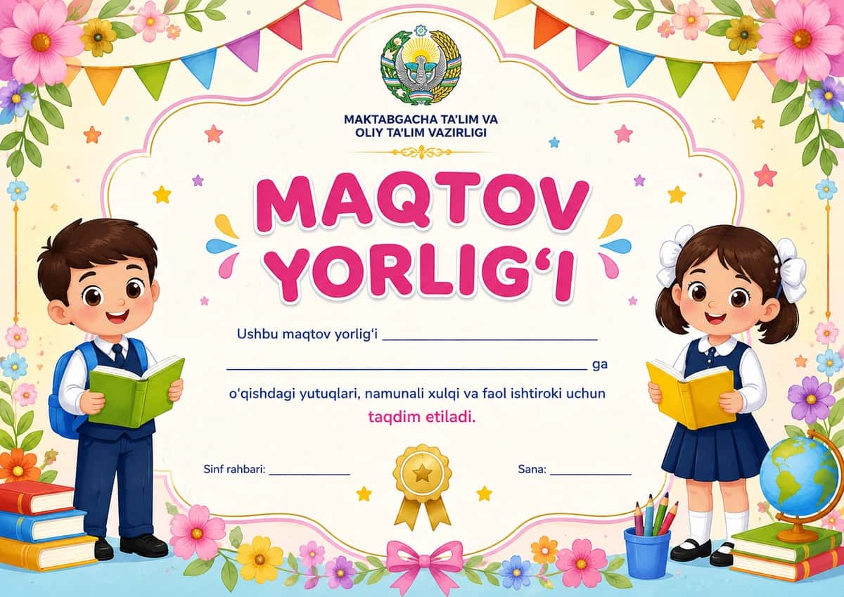 Boshlang'ich sinf o'quvchilari uchun maqtov yorlig'i 2