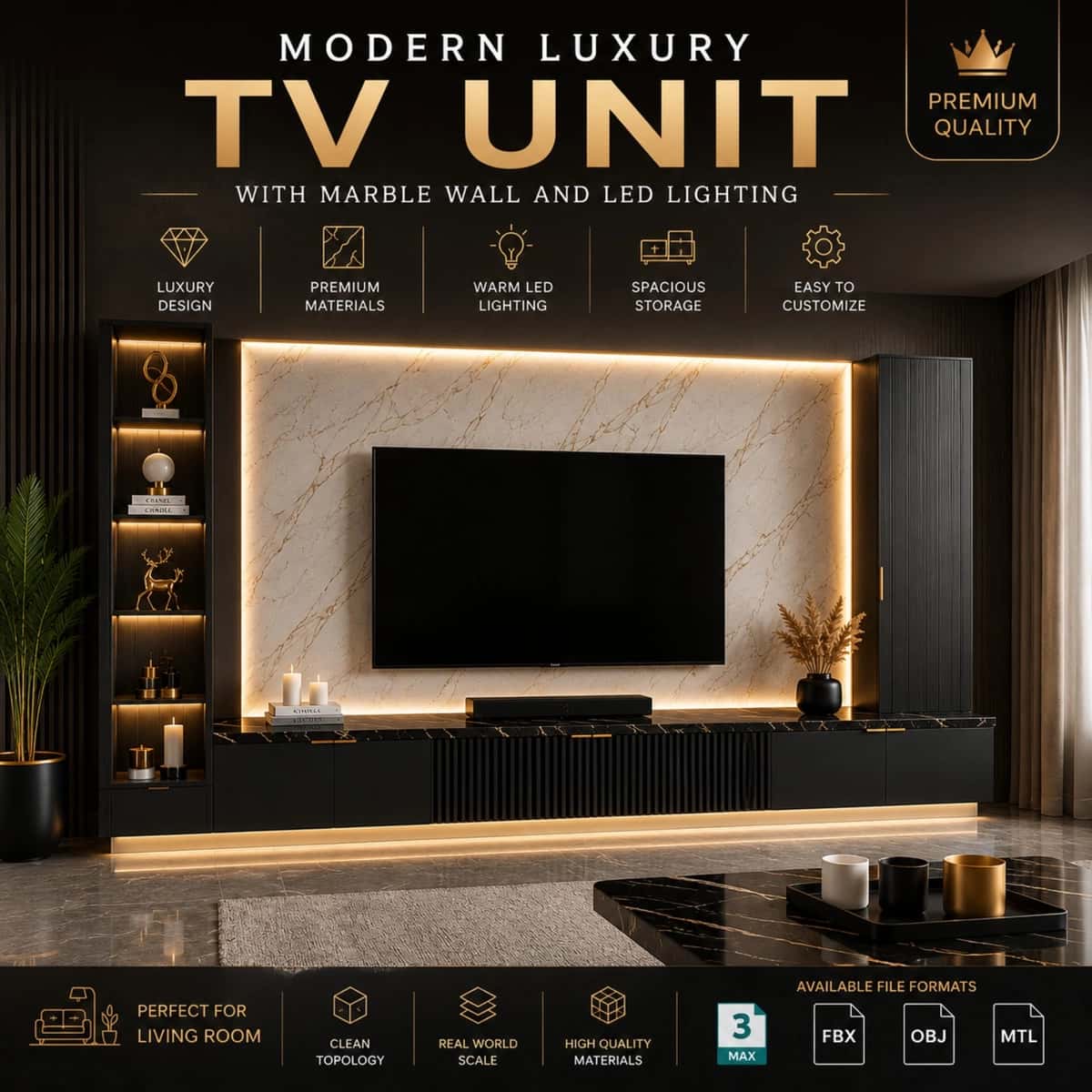 Modern Luxury TV Unit with Marble Wall and LED Lighting 1
