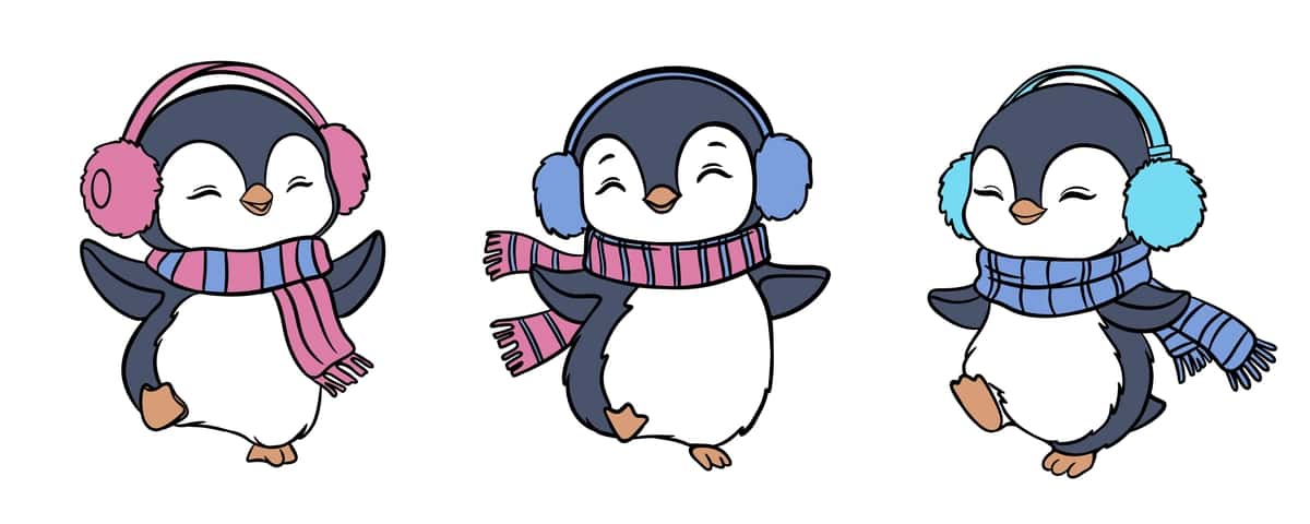 Yoqimli multfilm pingvinlari rang-barang sharflar quloqchinlar qishki rasm | Cute cartoon penguins colorful scarves earmuffs winter illustration 1