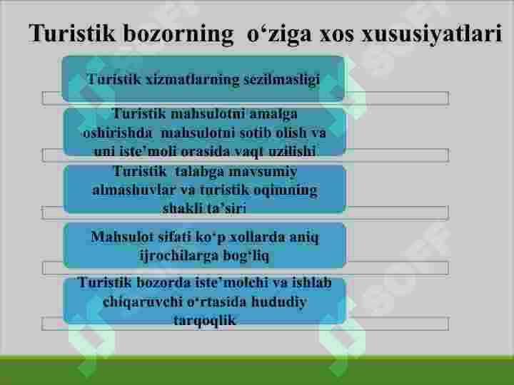 Turizm bozori va xizmatlari tushunchasi, ularning xususiyatlari 8