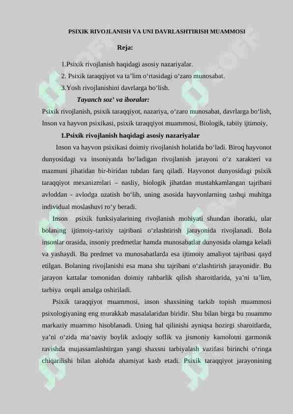 PSIXIK RIVOJLANISH VA UNI DAVRLASHTIRISH MUAMMOSI 1