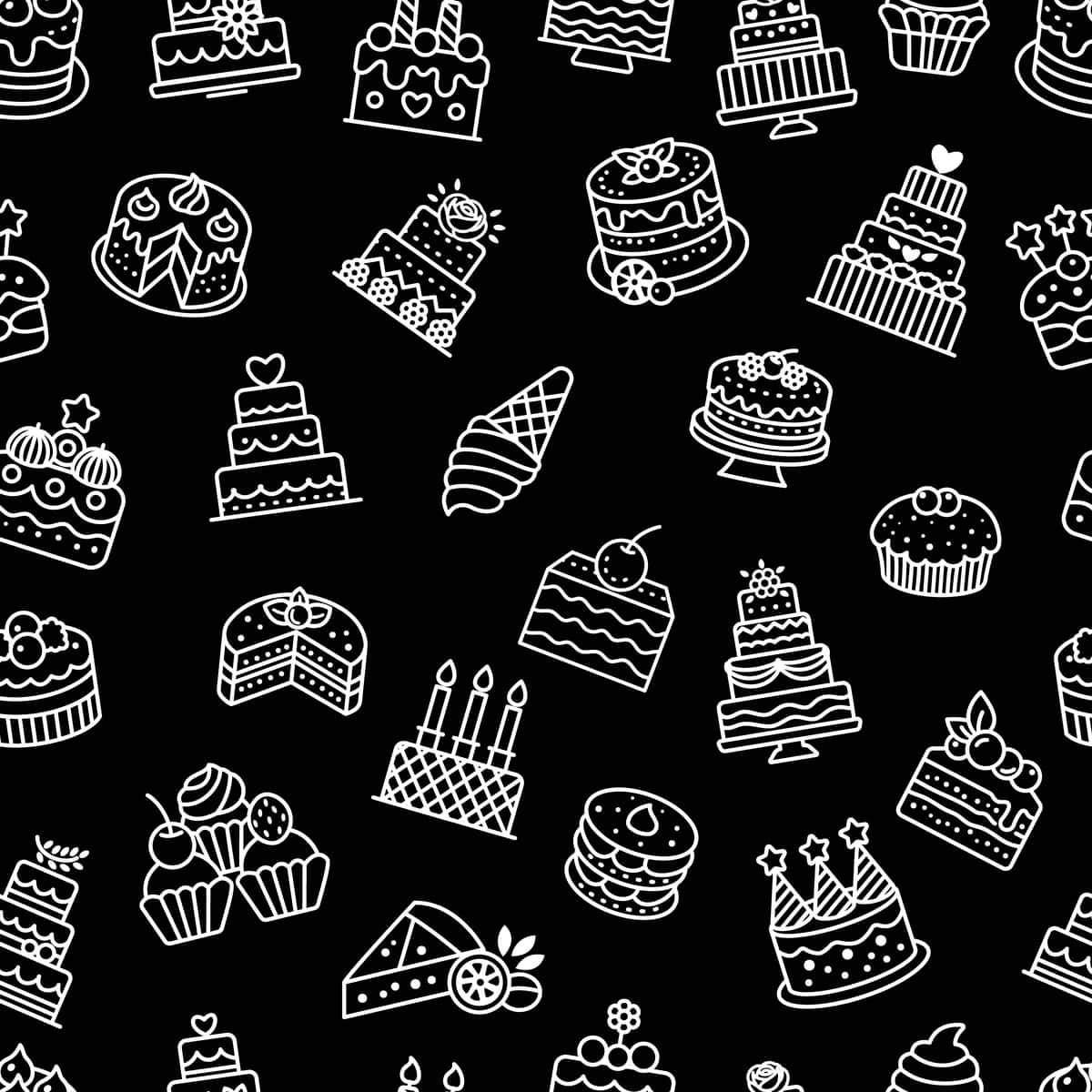 Choksiz naqshli tort desert piktogrammalari qora fon vektor tasviri | Seamless pattern cake dessert icons black background vector illustration 1