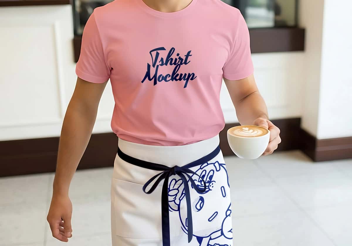 Pushti futbolka maketini kiygan erkak kofe stakanining kafe bezaklarini ushlab turibdi | Man wearing pink t shirt mockup holding coffee cup cafe setting 1