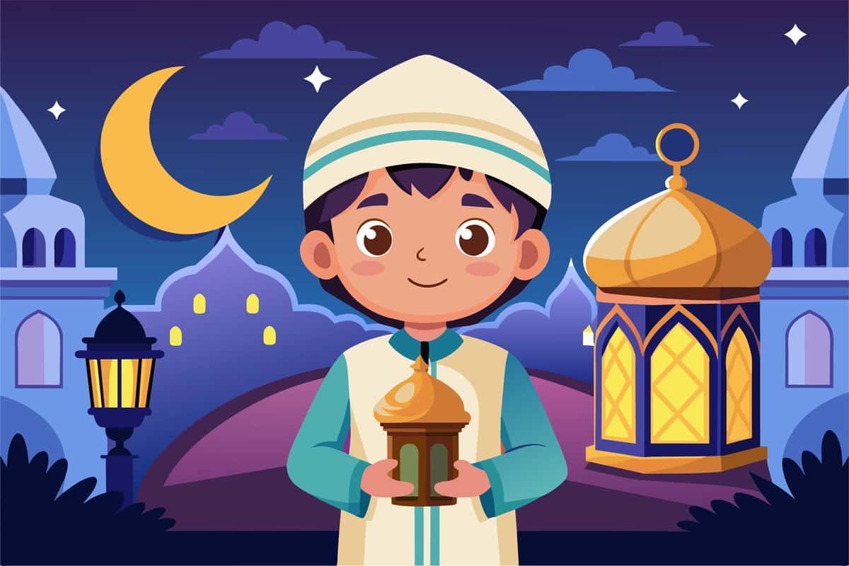 Yulduzli osmon bilan Ramazonni nishonlayotgan fonarni quvonch bilan ko‘tarib olgan bola | Child joyfully carries lantern celebrating ramadan starry sky with 1