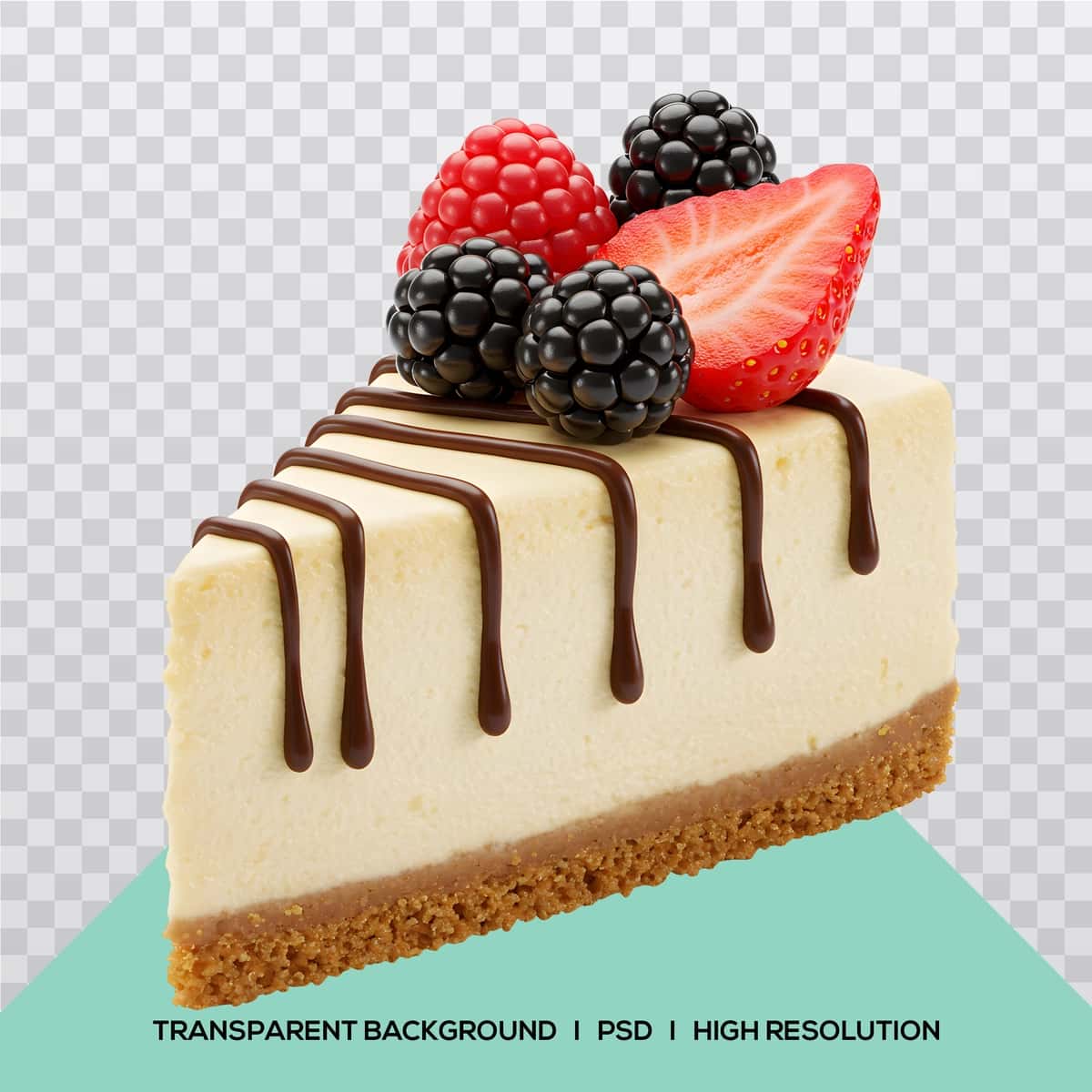 Yangi rezavorlar shokolad drizzle bilan Cheesecake tilim izolyatsiya shaffof | Cheesecake slice with fresh berries chocolate drizzle isolated transparent 1