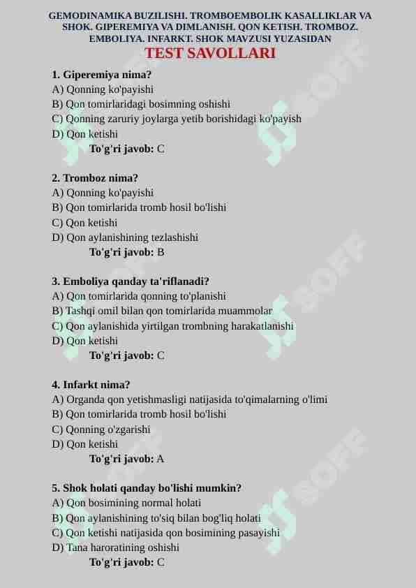 GEMODINAMIKA BUZILISHI. TROMBOEMBOLIK KASALLIKLAR VA SHOK. GIPEREMIYA VA DIMLANISH. QON KETISH. TROMBOZ. EMBOLIYA. INFARKT. SHOK