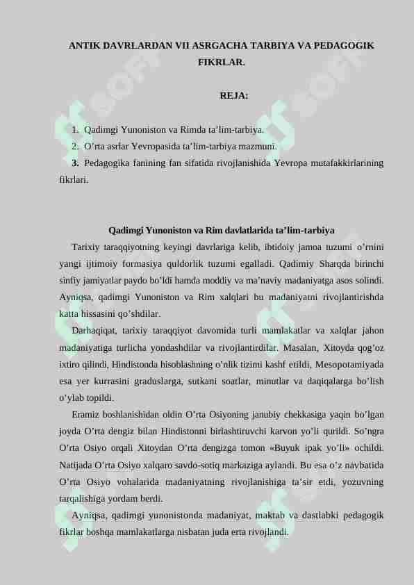 ANTIK DAVRLARDAN VII ASRGACHA TARBIYA VA PEDAGOGIK FIKRLAR. 1