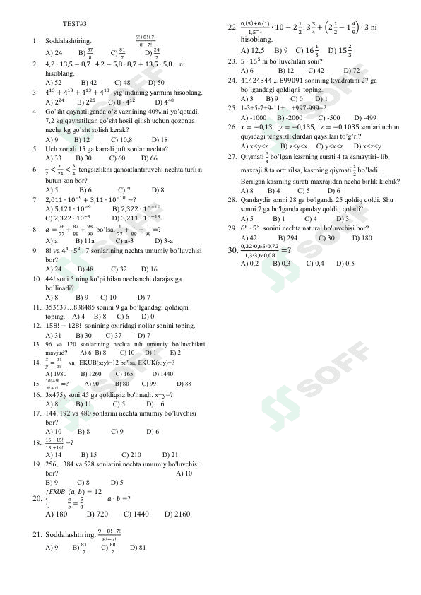 Matematika fanidan testlar 3 1