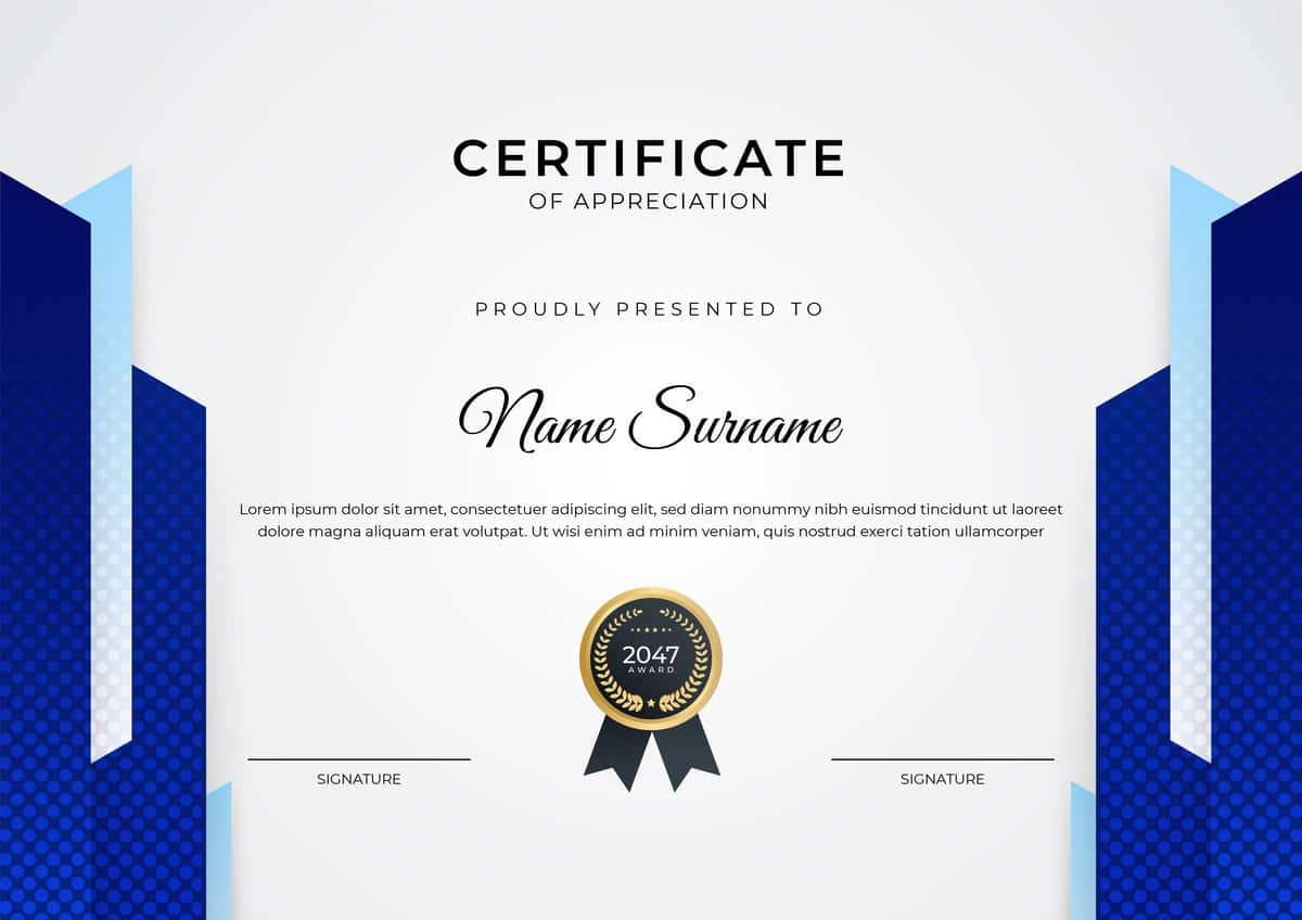 Sertifikat yutug‘i oltin nishonli ko‘k shablon dizayni | Certificate achievement blue template design with gold badge border 1