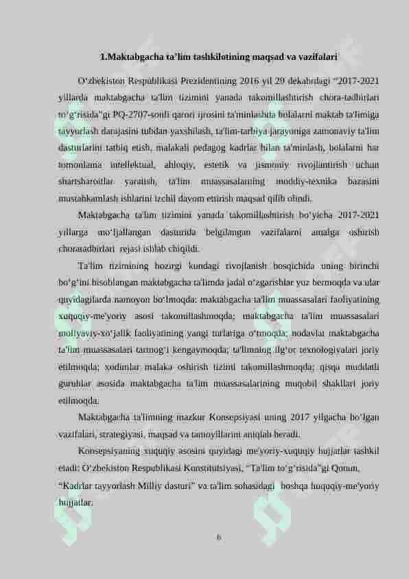 Maktabgacha ta’lim tashkilotining yillik ish rejasining mazmun-mohiyati, maqsad va vazifalari. 6