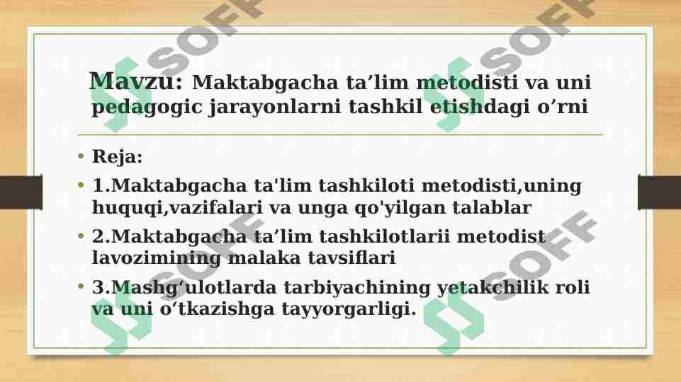 Maktabgacha ta’lim metodisti va uni pedagogic jarayonlarni tashkil etishdagi o’rni 1