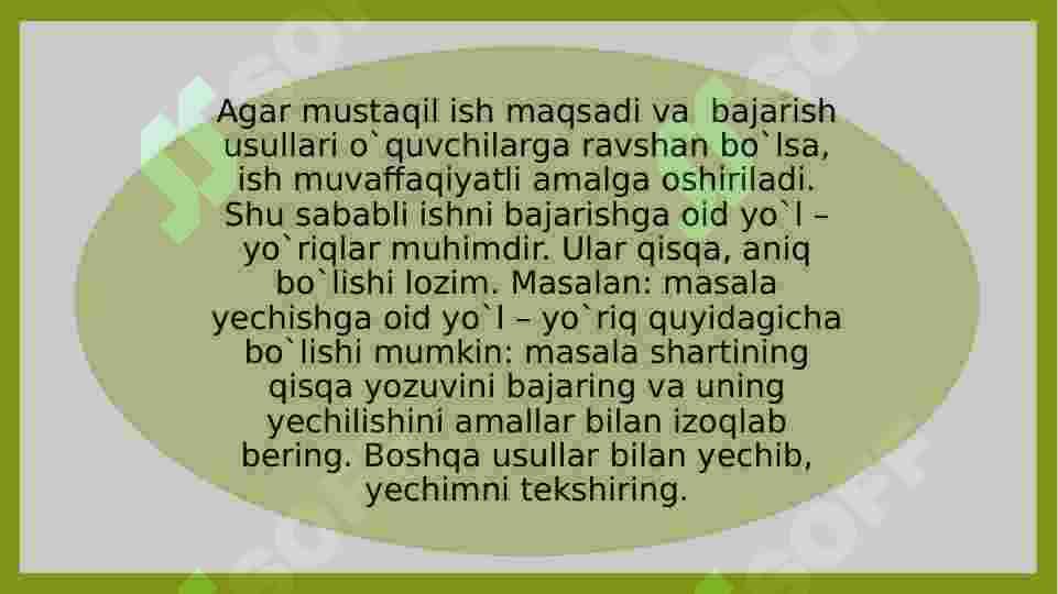 Oz komplеktli maktabda matеmatika darslarida mustaqil ishlarni tashkil etish xususiyatlari 2
