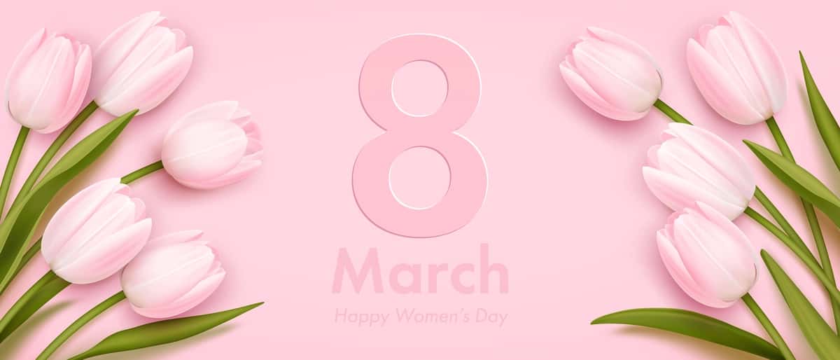 Vektorli banner Xalqaro xotin-qizlar kuni haqiqiy lolalar bilan | Vector banner international womens day with realistic tulips 1