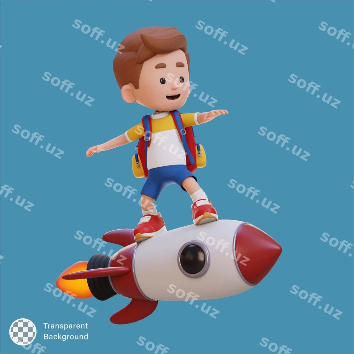 3d bolalik qahramon raketada joylashgan turingda turibdi | 3d kid character standing riding rocket 1