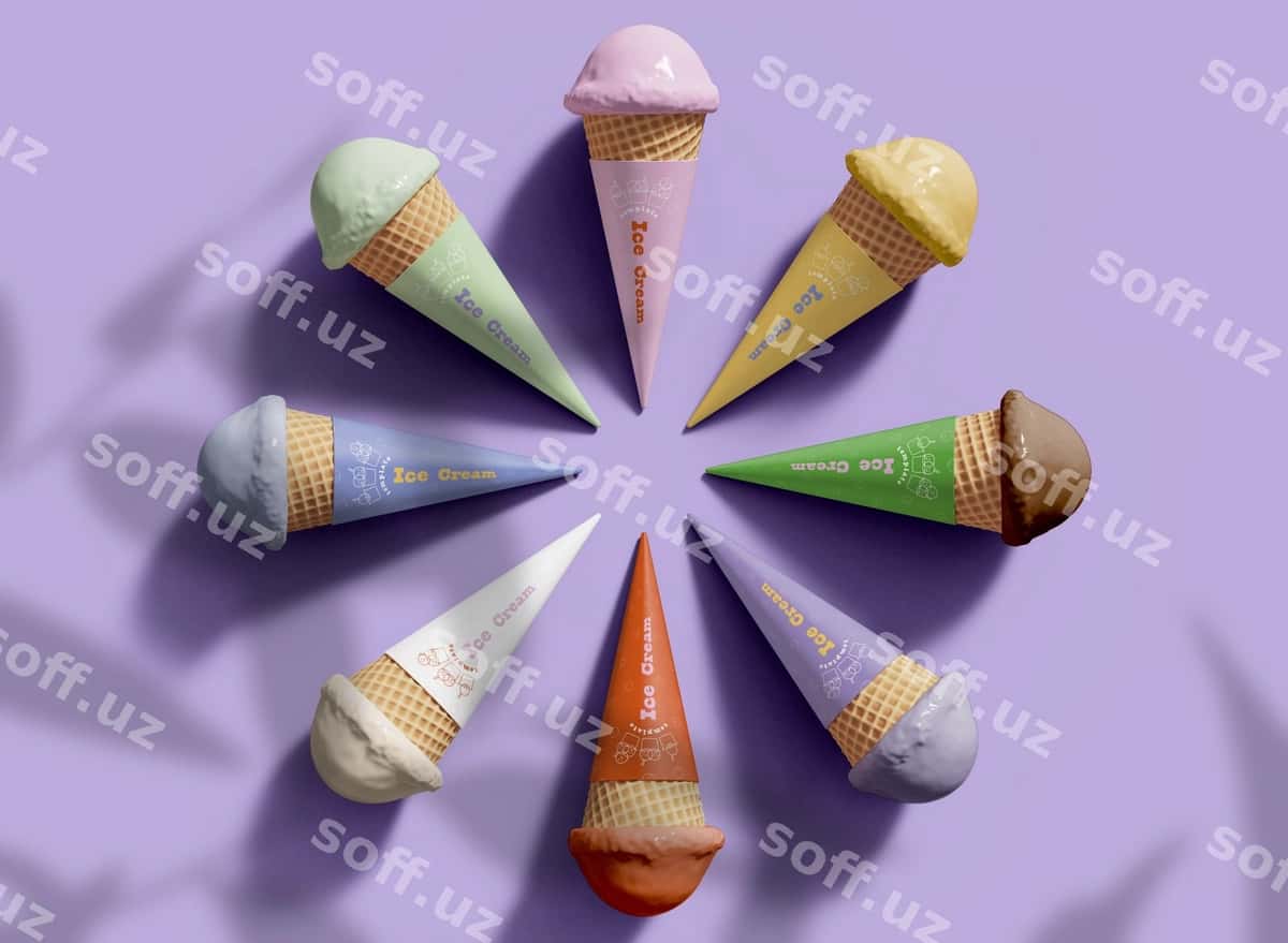Sakkizta muzqaymoq konusining 3D yuqori ko'rinishi maketi | 3d top view eight ice cream cones mockup 1