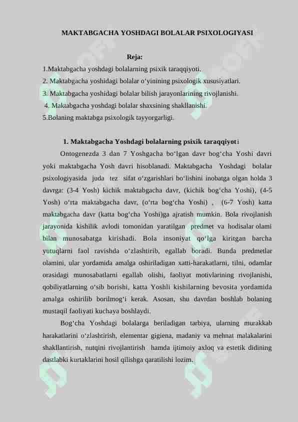 PSIXIK RIVOJLANISH VA UNI DAVRLASHTIRISH MUAMMOSI