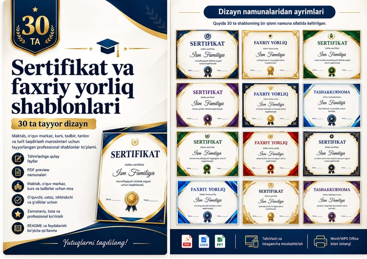 Shablon diplom, sertifikat, faxriy yorliq, tashakkurnoma yoki maqtov yorlig'i 30 tasi 1 da 30in1 1