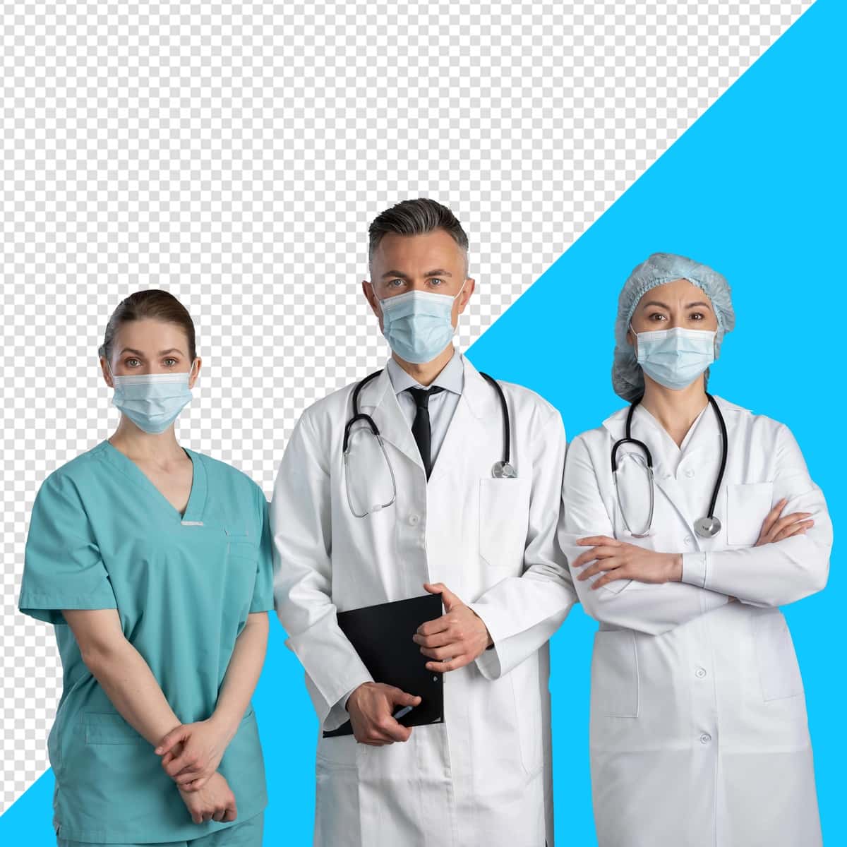 Psd uchta shifokor ayol oq xalatli transpsraent bilan oldida turibdi | Psd three doctors woman white coats are standing front with tranpsraent 1