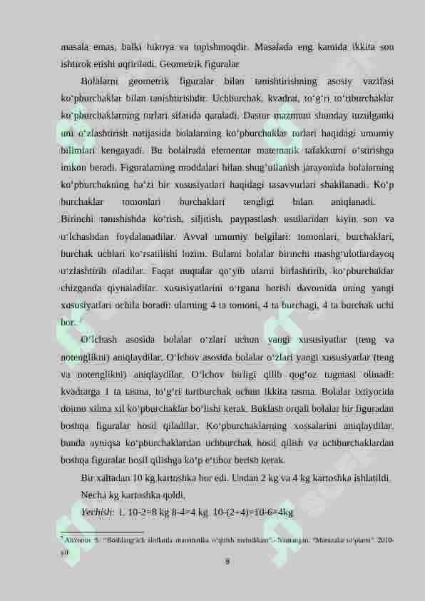 Boshlang‘ich 1-sinflarda matеmatikadan  rasm, sxema, chizma shaklida berilgan topshiriqlar va ularni yechishga o‘rgatish metodikasi. 8