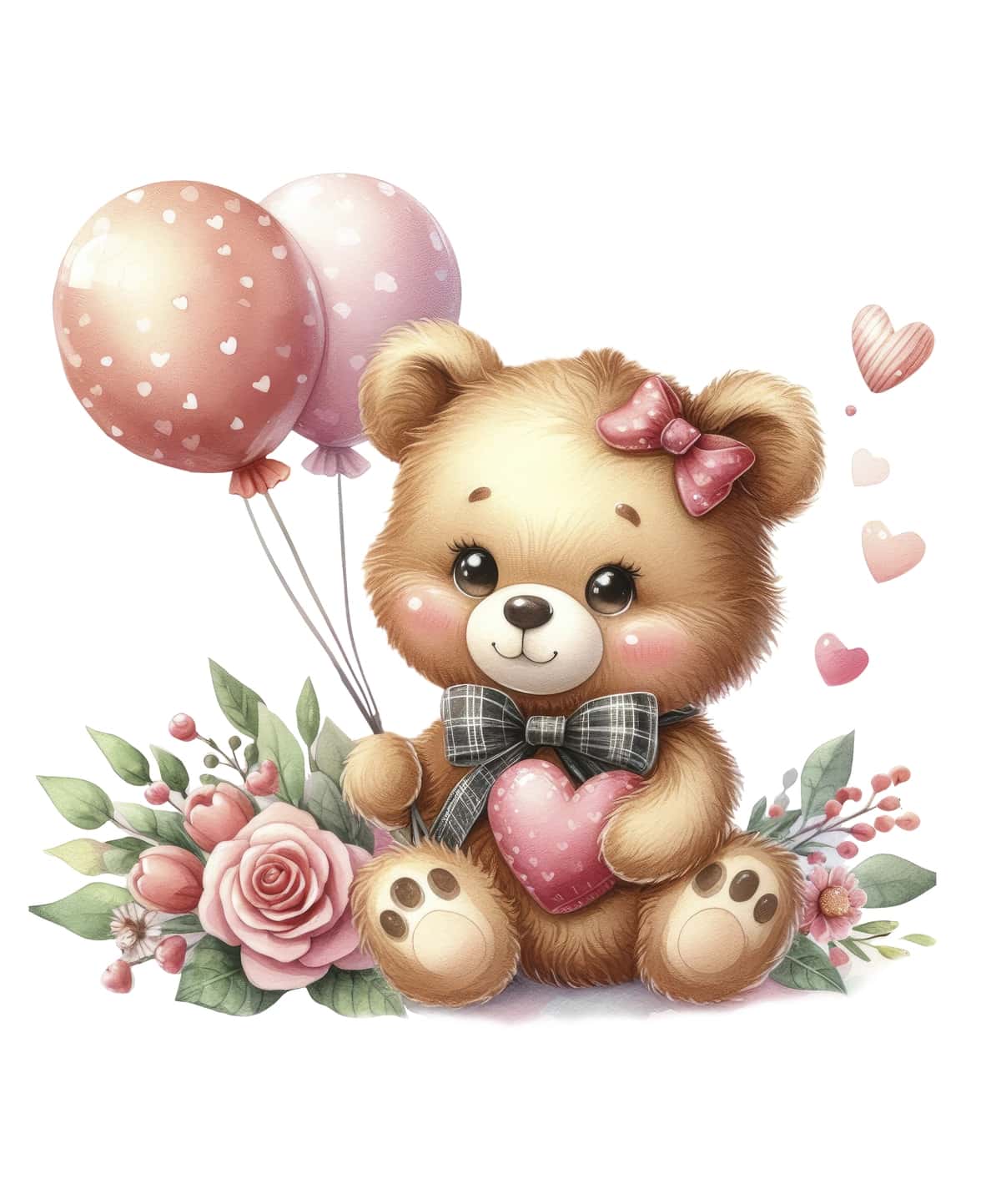 Sevishganlar kuni akvarel bilan bezatilgan sharlar bilan yoqimli ayiqcha | Cute teddy bear with balloons floral decoration valentines day watercolor 1