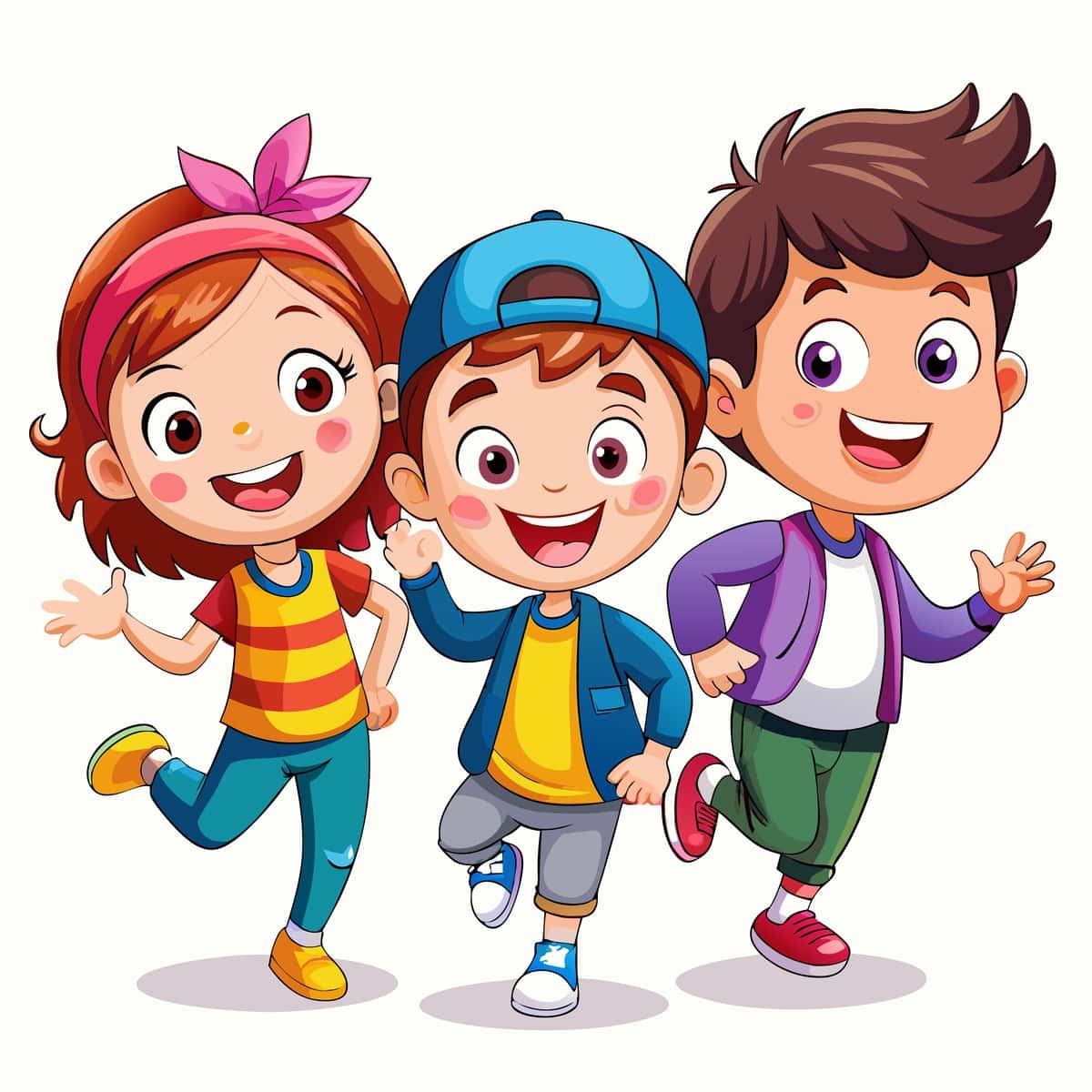 Oq fonda yugurib jilmayib yurgan uchta baxtli multfilm bolasi | Three happy cartoon kids smiling running white background 1