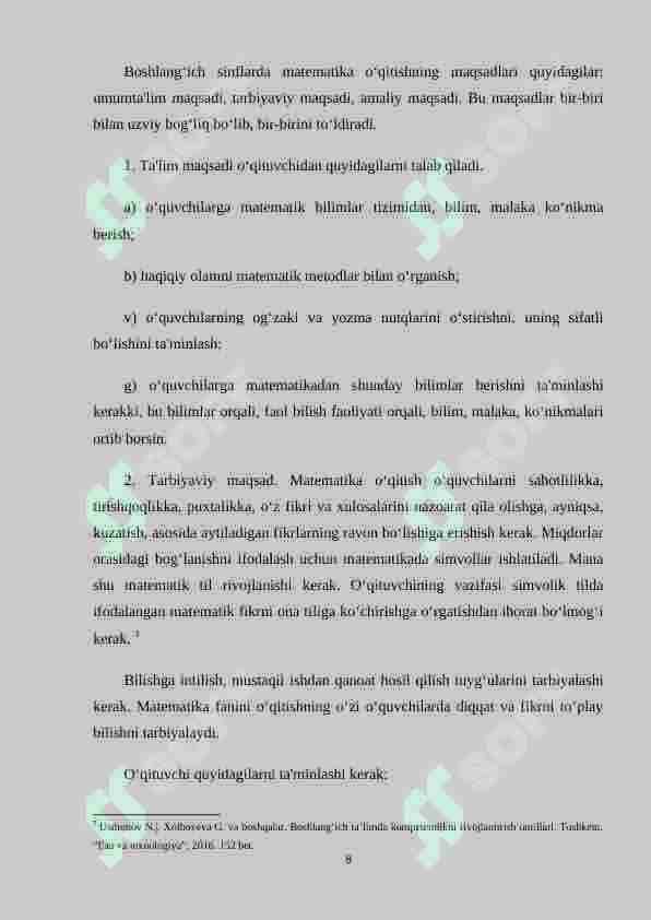 Boshlang‘ich sinflarda matematika o`qitishning psixologik asoslarini o`rganish metodikasi 8