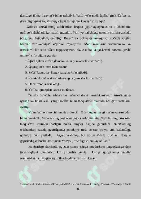 Uzunlik o`lchovlarining nazariy asosi va uni o`rganish metodikasi. (1-4 sinf misolida) 8