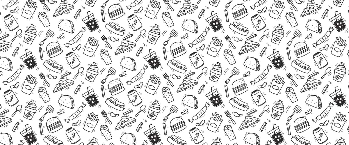 Arzimas oziq-ovqat naqshsiz doodle tez ovqat mazali burger pizza issiq | Junk food seamless pattern doodle fast food yummy burger pizza hot 1