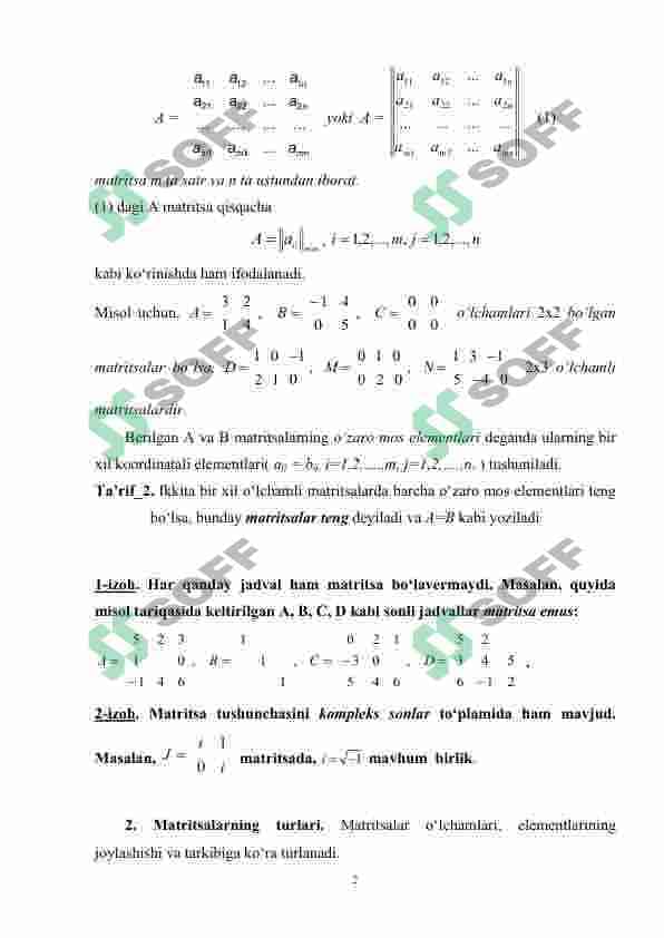 Matritsalar. Asosiy tushuncha va ta’riflar. Texnologik matritsa. Ishlab chiqarishning optimal rejalashtirish masalasi va boshqa iqtisodiy masalalarni modellashtirishda matritsaning o’rni.. 2