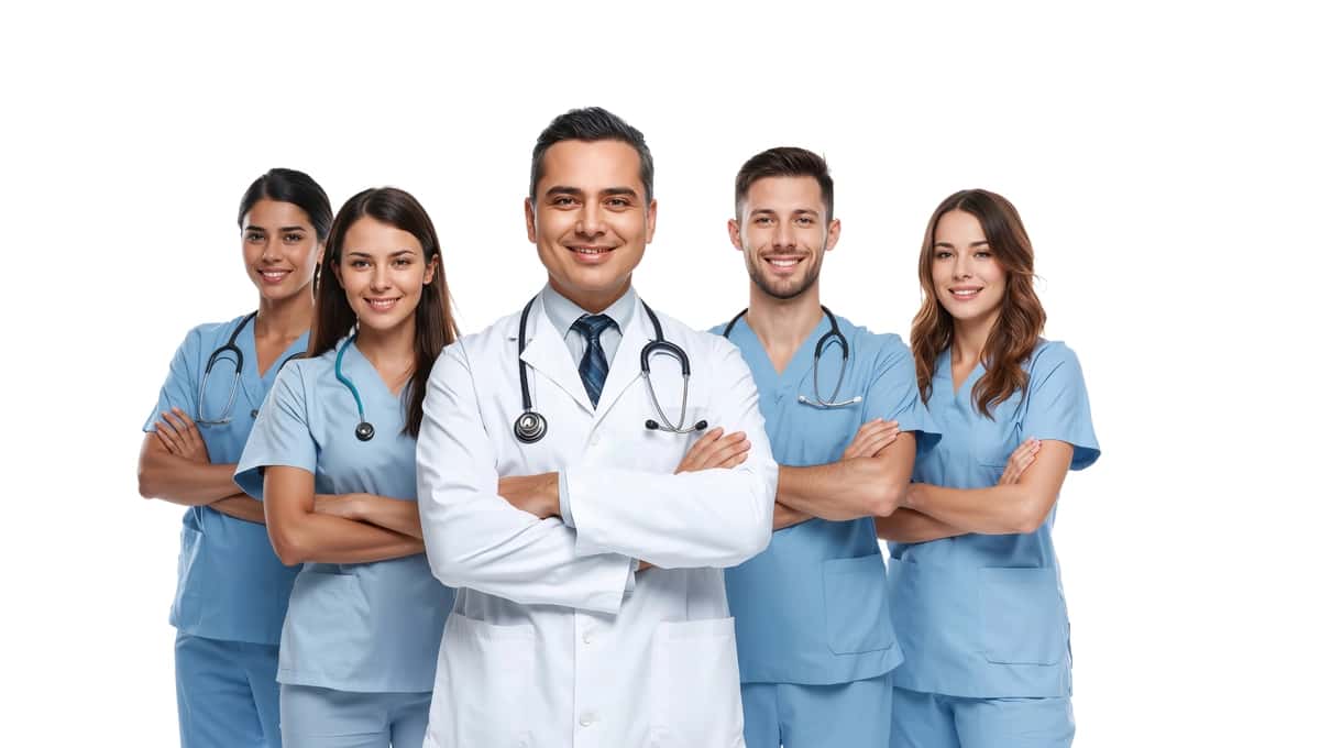 Ishonchli tibbiy guruh shifokori hamshiralar formasi jilmayib turgan kamera shaffof | Confident medical team doctor nurses uniforms smiling camera transparent 1