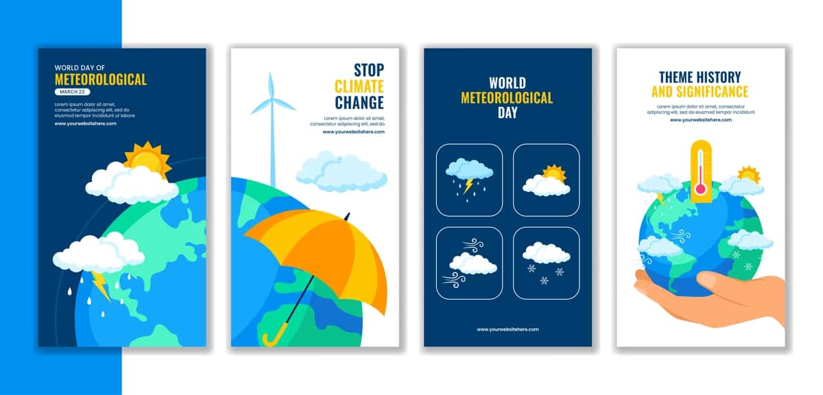 Ijtimoiy tarmoqlardagi hikoyalar shabloni Jahon meteorologiya kuni tekis chizilgan | Social media stories template world meteorological day flat handdrawn 1