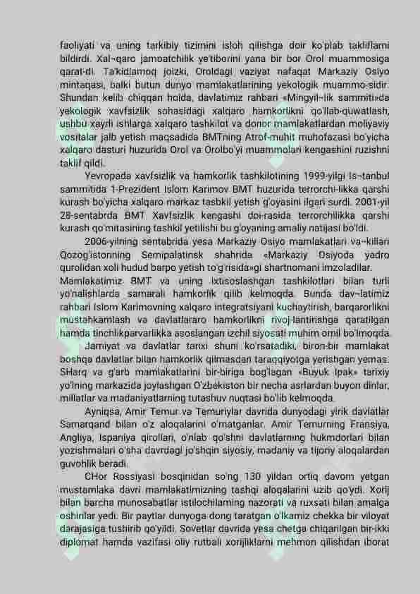 O'zbekistonning xalqaro aloqalari va jahon hamjamiyatidagi o'rni 6