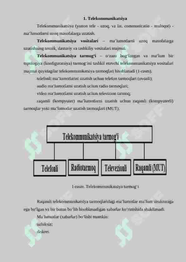 ALOQA TEXNIKASINING ASOSIY TUSHUNCHALARI. TELEKOMMUNIKATSIYA TARMOG'I, ALOQA TIZIMLARINI TURLARI, TAVSIFLARI. MODULYATSIYA, MULTIPLEKSLASH USULLARI. 2
