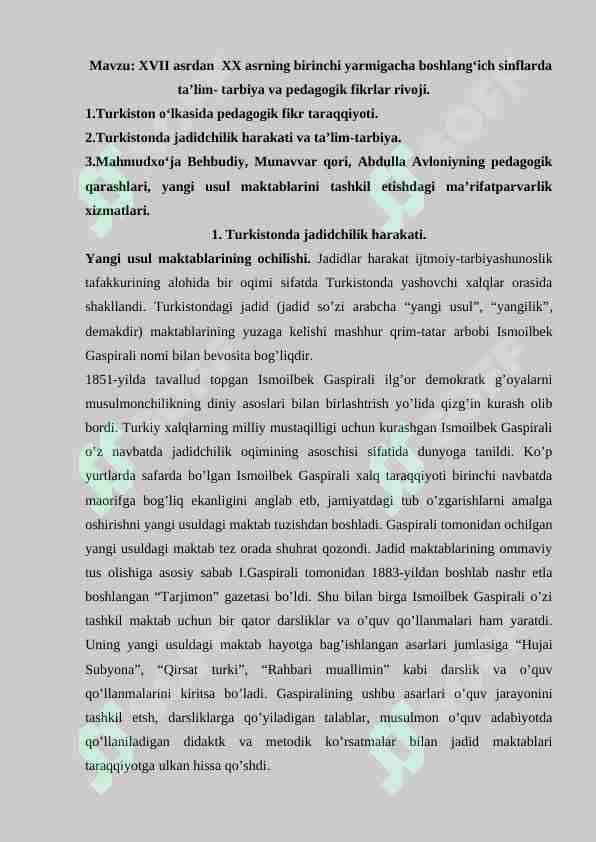 XVII asrdan  XX asrning birinchi yarmigacha boshlang‘ich sinflarda ta’lim- tarbiya va pedagogik fikrlar rivoji