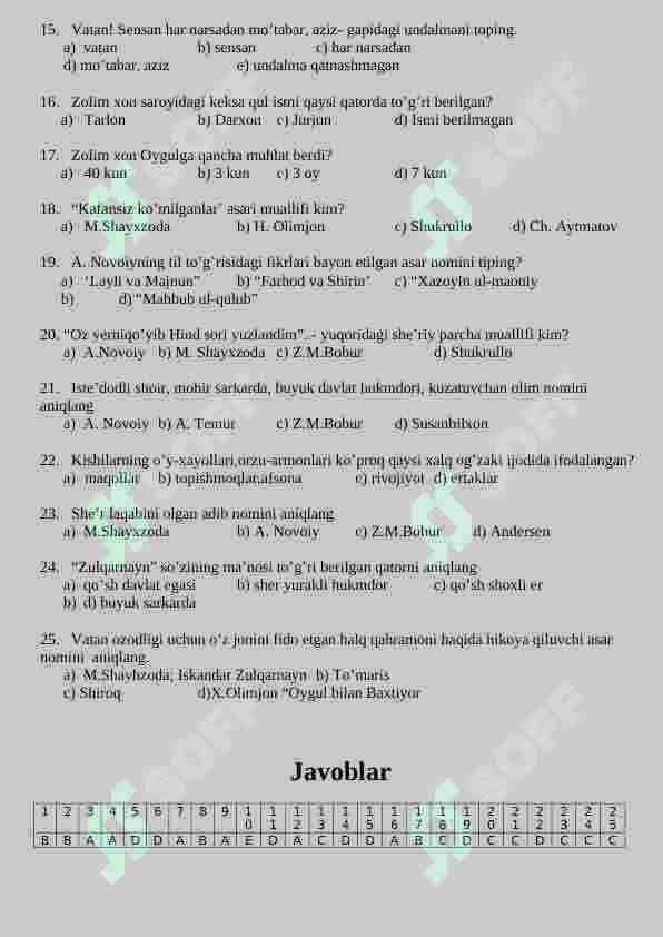 5-sinf ona tili adabiyotdan test 2