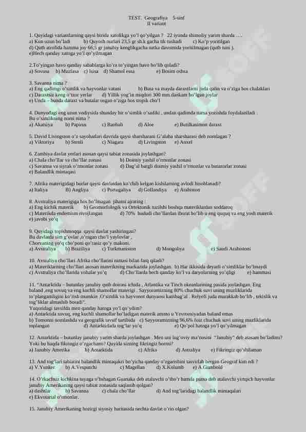 5-sinf geografiya test