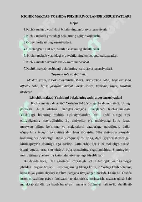 KICHIK MAKTAB YOSHIDA PSIXIK RIVOJLANISH XUSUSIYATLARI 1