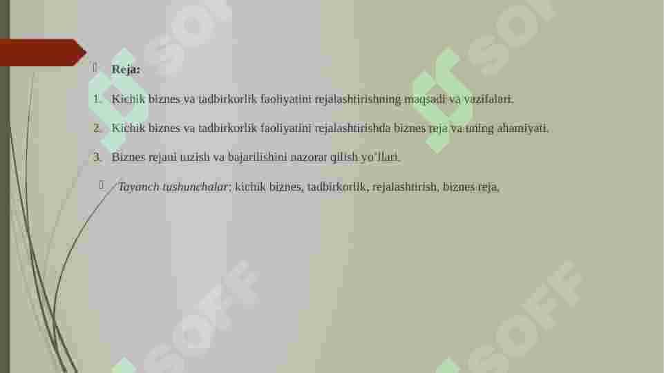 Kichik biznes va tadbirkorlik faoliyatini rejalashtirish. 2