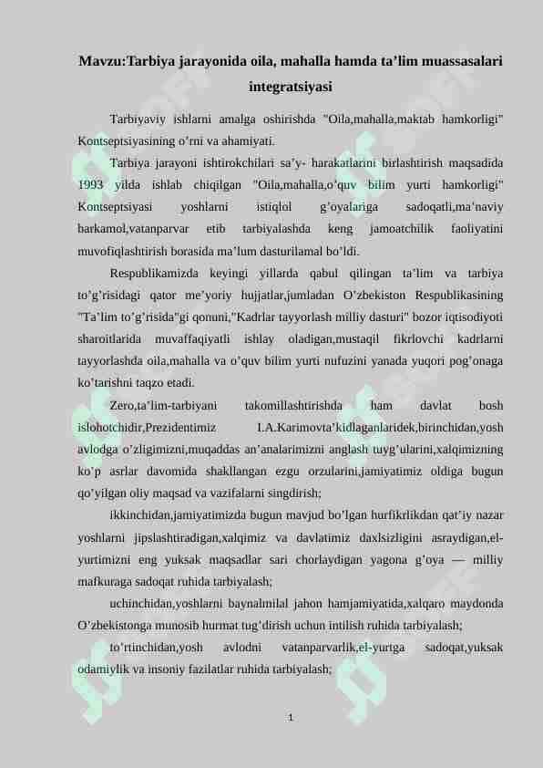 Tarbiya jarayonida oila, mahalla hamda ta’lim muassasalari integratsiyasi