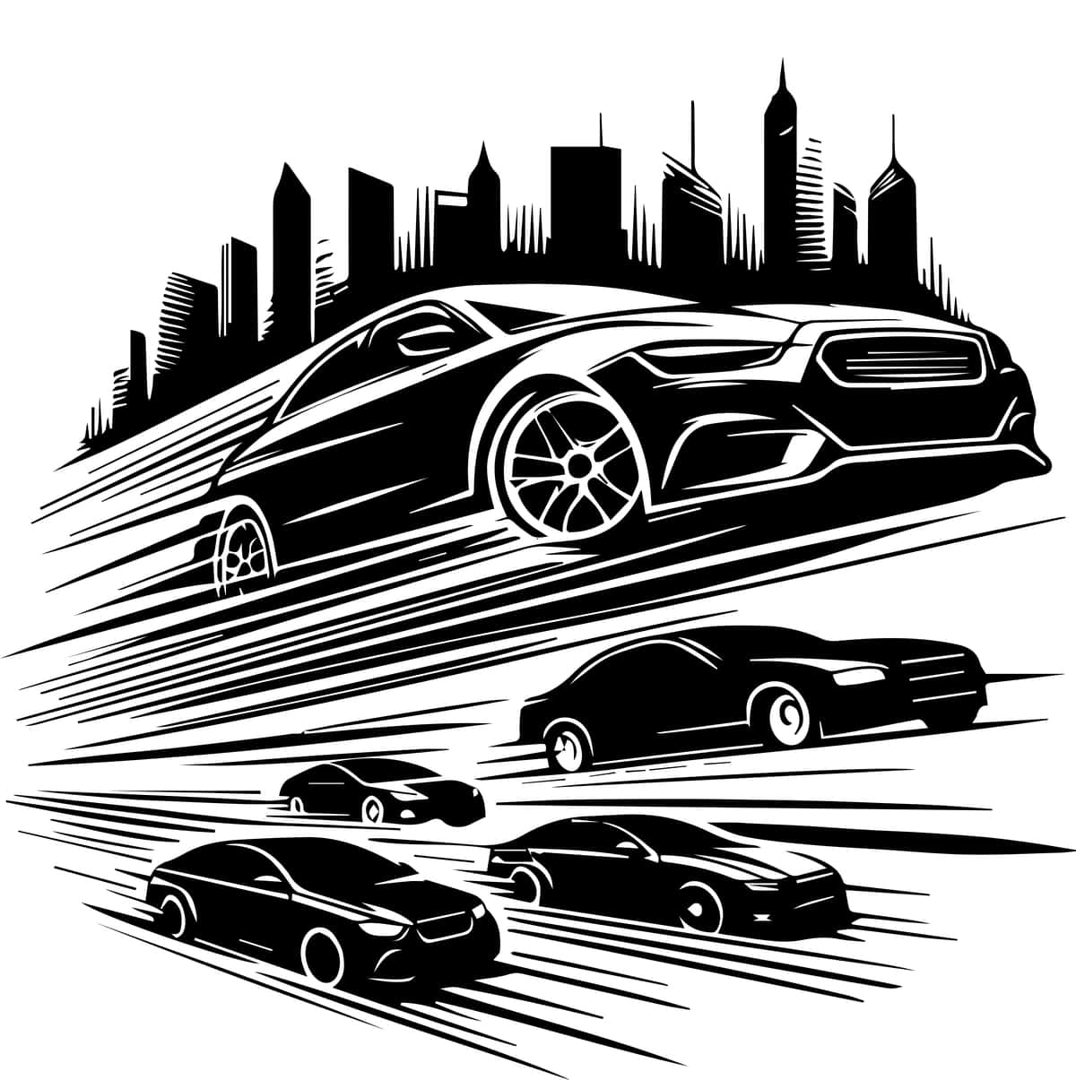 Bepul vektor qo'lda chizilgan mashinada shaharning asosiy yo'li silueti bor | Free vector handdrawn car has driving city main road silhouette 1