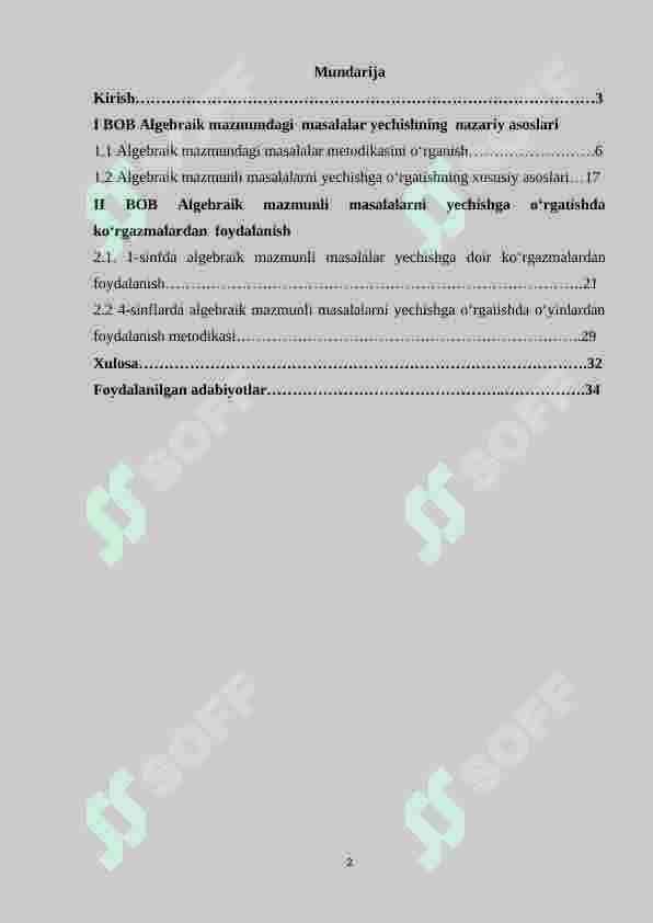 Algebraik mazmundagi masala va ularni o`rganish metodikasi. (1-4 sinf misolida) 2