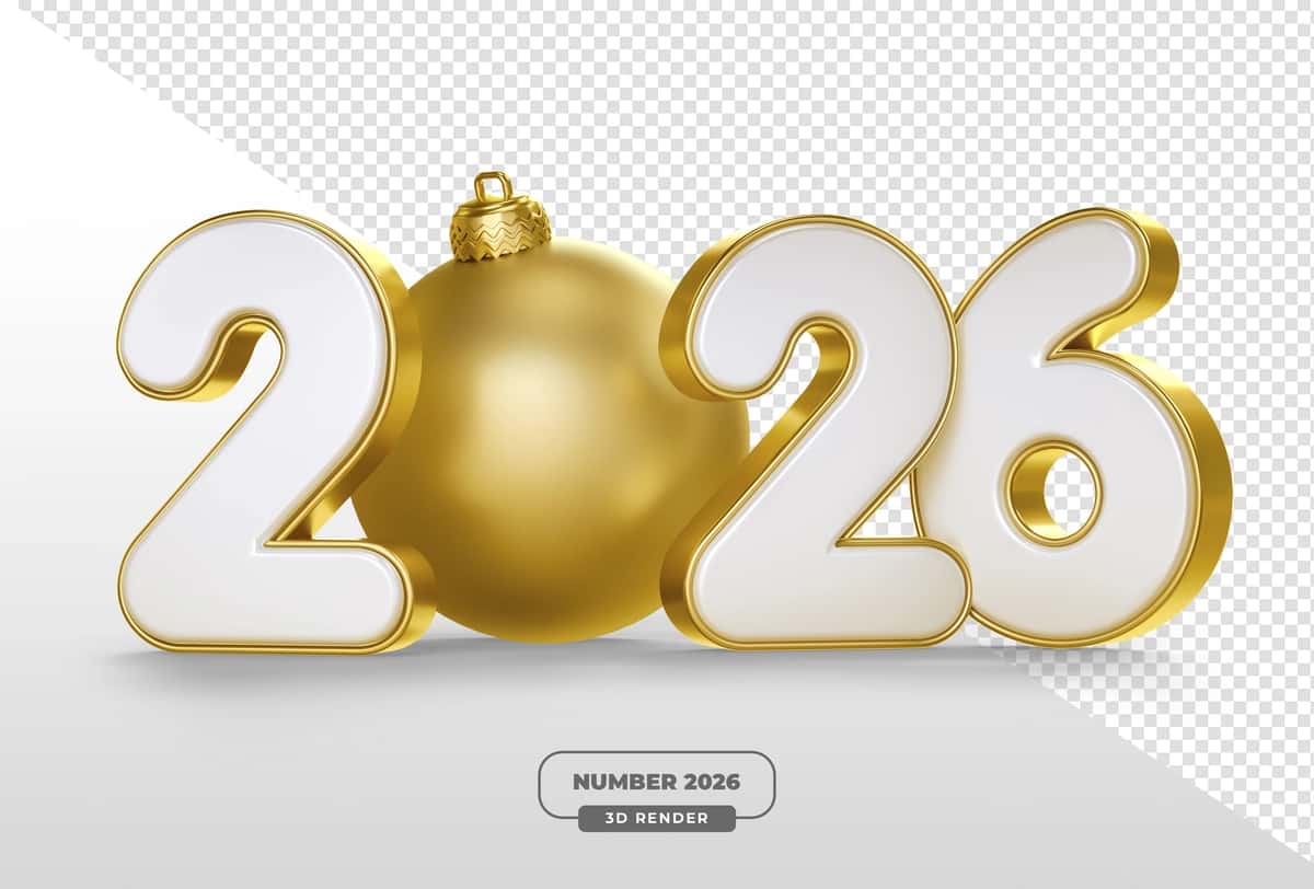 Oltin Rojdestvo to'pi 2026 raqamlari bilan shaffof 3D render | Golden christmas ball with 2026 numbers 3d render with transparent 1